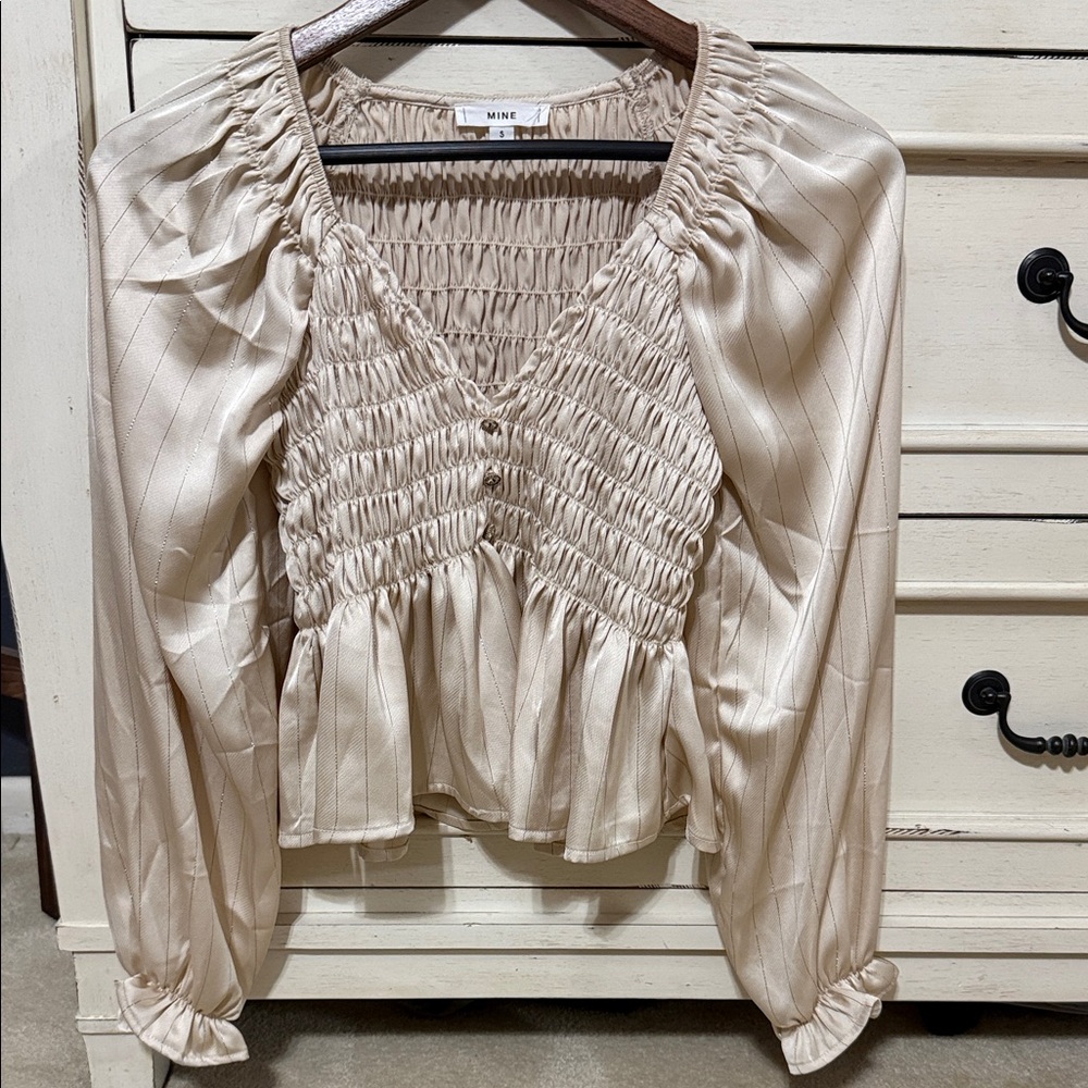 MINE Cream Pinstripe Smocked V-Neck Peplum Blouse